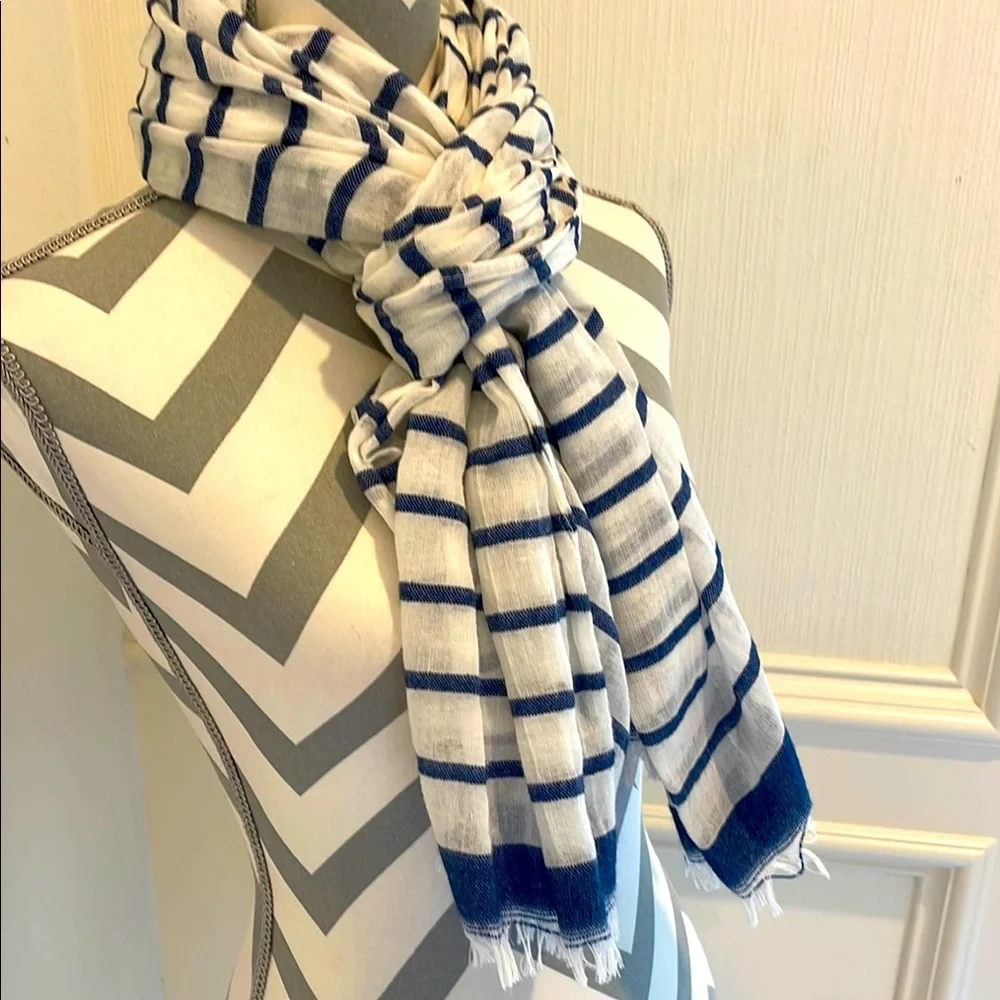 Nautical Blue White Striped Women's Fringe Scarf Shawl Wrap Blanket One Size